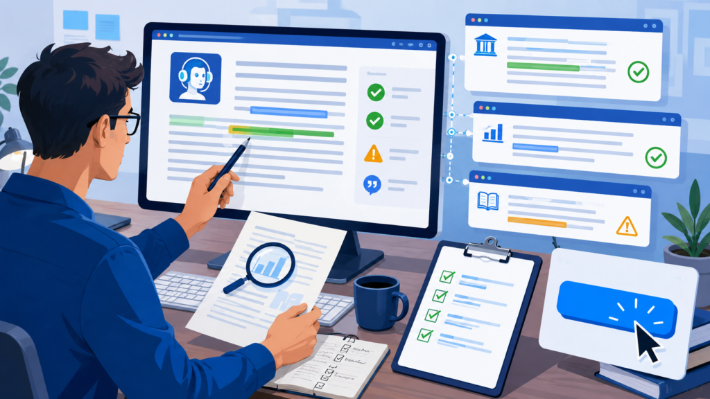 A content creator reviews an AI-generated blog draft and compares its claims with trusted sources before publishing.