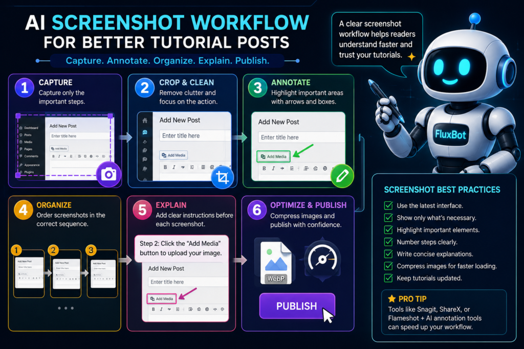 FluxBot presents a six-step workflow for capturing, cropping, annotating, organizing, explaining, and optimizing screenshots for tutorial posts.