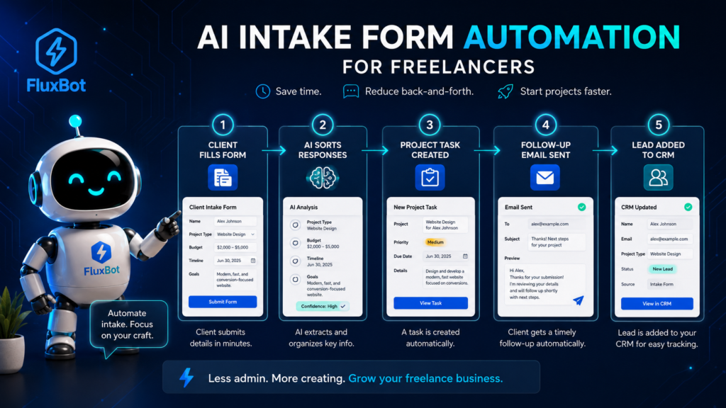 showing a client form submission, AI analysis, project task creation, follow-up email, and CRM update.