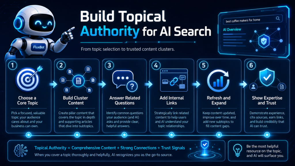 FluxBot infographic showing a six-step process for building topical authority for AI search through topic selection, cluster content, related questions, internal links, content refreshes, and trust signals.