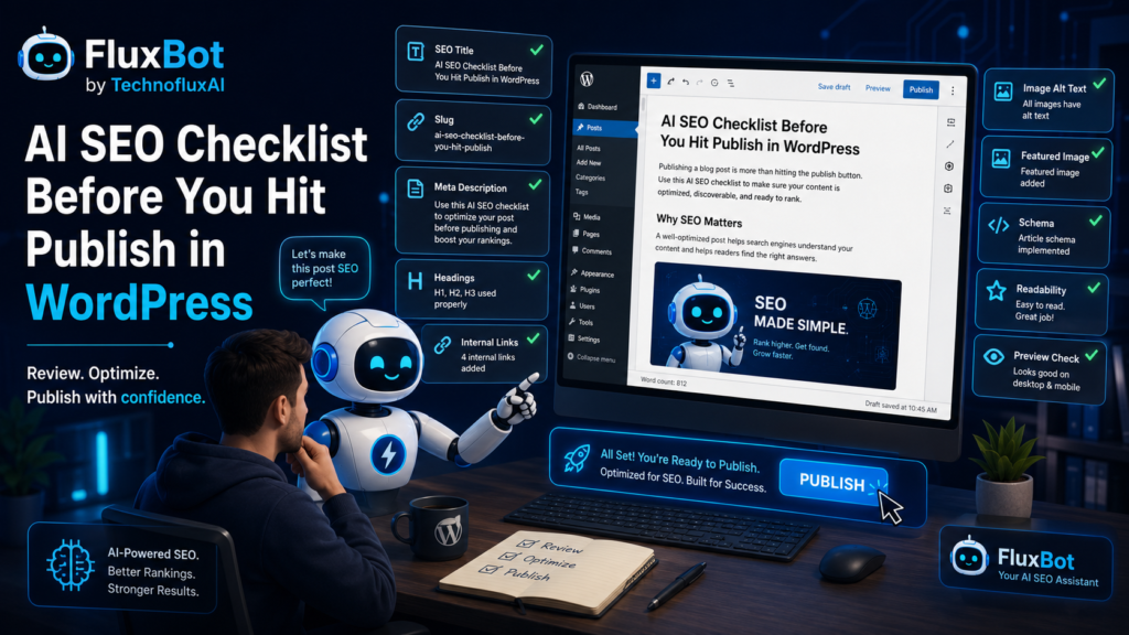 FluxBot helps a creator review a WordPress post for SEO titles, meta descriptions, headings, internal links, image alt text, schema, readability, and mobile preview.
