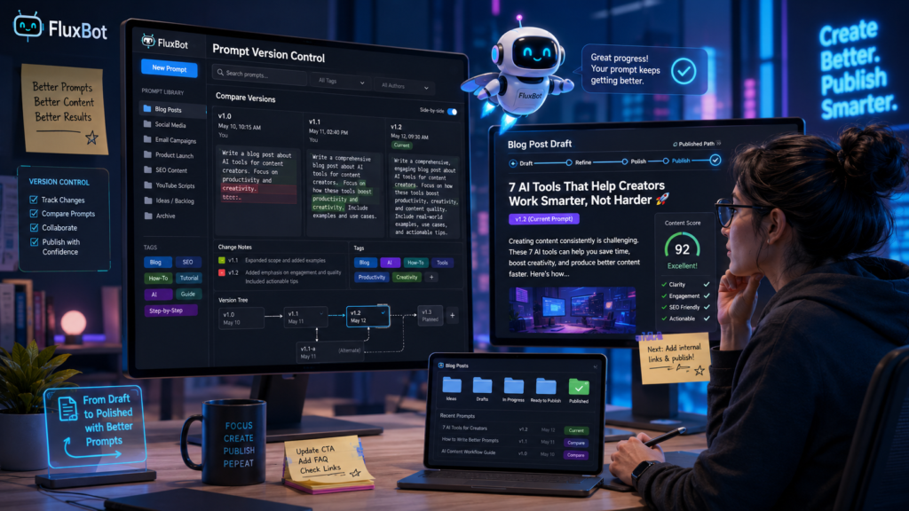 Blogger using a prompt version control dashboard with FluxBot to compare drafts and improve an AI-assisted article.