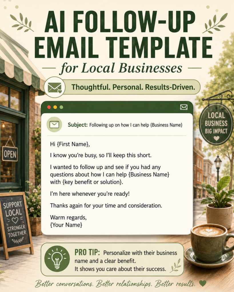 Green local business infographic featuring a personalized AI follow-up email template, storefront scene, email example, and customer communication tip.