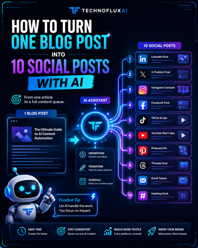 Neon-style infographic showing how AI can turn one blog post into 10 social posts for platforms like LinkedIn, X, Instagram, Facebook, TikTok, YouTube, Pinterest, Threads, email, and hashtag packs.