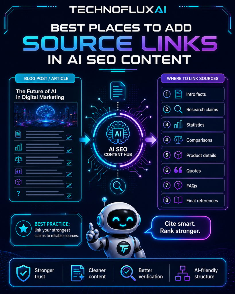 Neon infographic showing eight places to add source links in AI SEO articles, including introductory facts, research claims, statistics, comparisons, product details, quotes, FAQs, and final references.