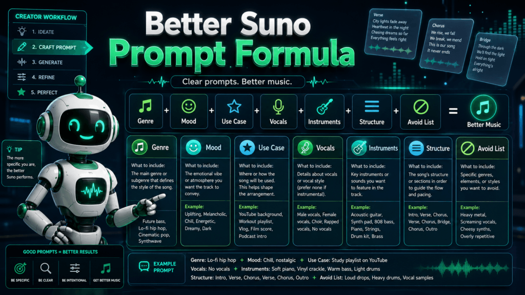 Better Suno AI prompt formula with genre, mood, use case, vocals, instruments, structure, and avoid list.