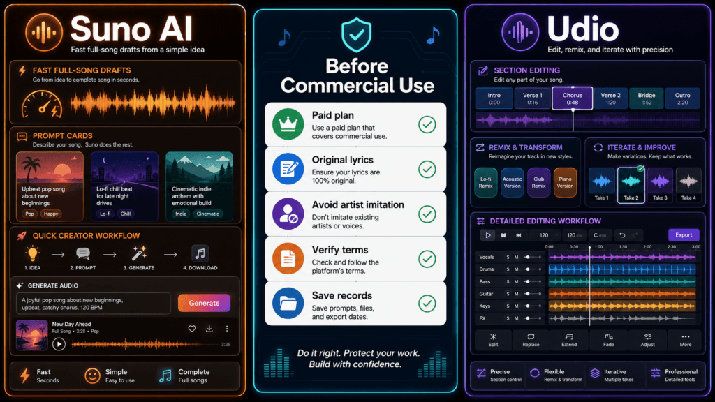 Suno AI vs Udio comparison checklist for creators reviewing AI music commercial use.