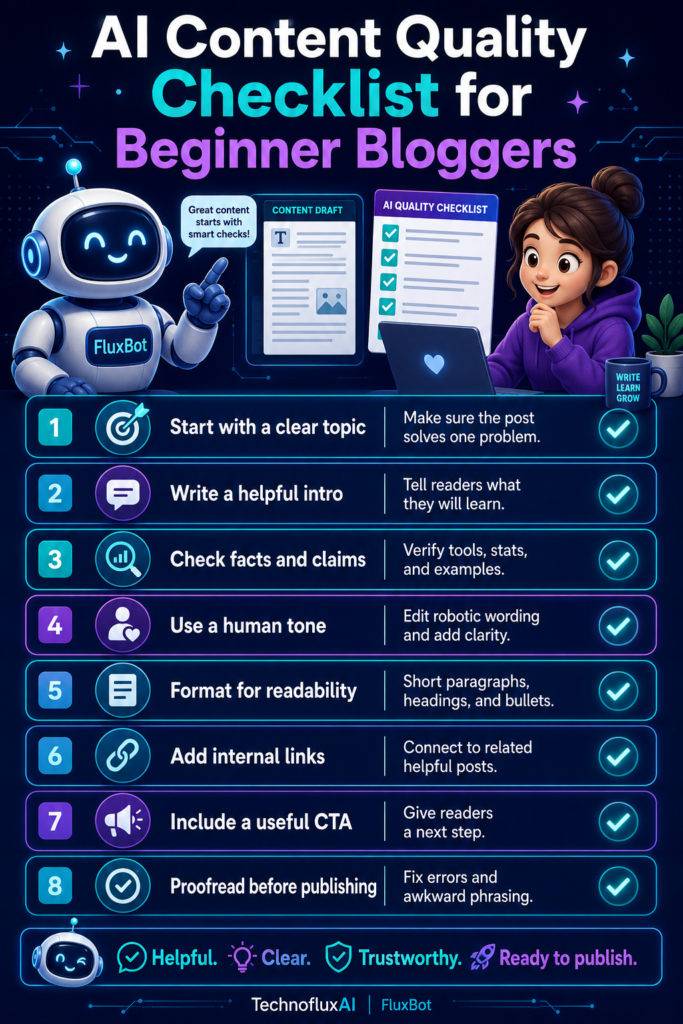 Eight-step AI content checklist for beginner bloggers showing how to improve clarity, accuracy, tone, readability, links, calls to action, and proofreading.