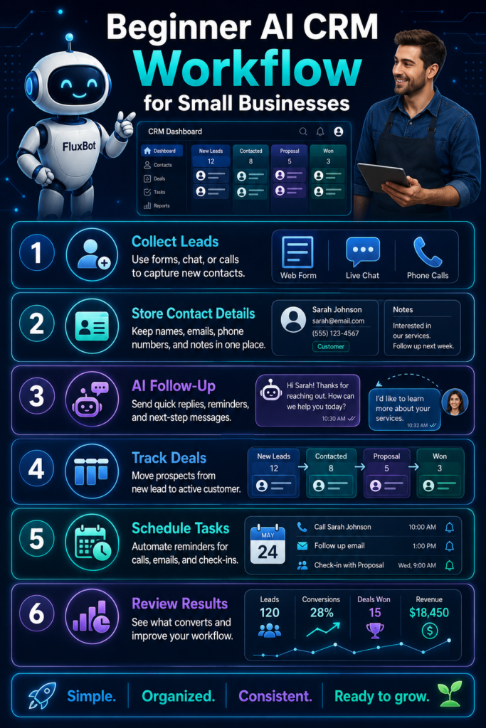 Vertical infographic showing a beginner AI CRM workflow for small businesses with steps for collecting leads, storing contacts, AI follow-up, tracking deals, scheduling tasks, and reviewing results.