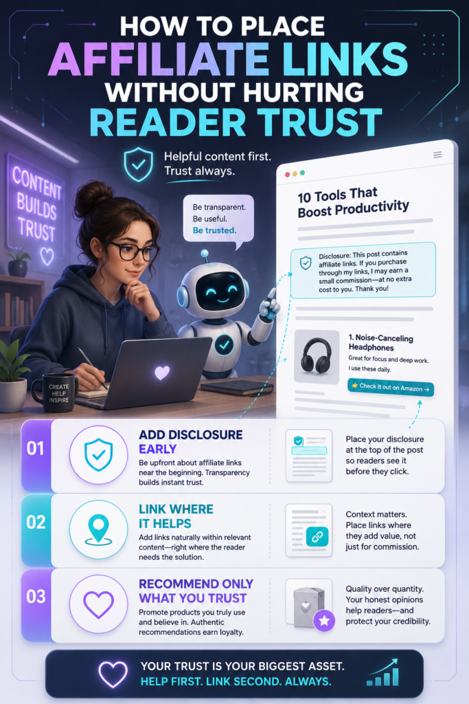 Infographic showing three ways to use affiliate links responsibly: disclose early, link where helpful, and recommend trusted products.