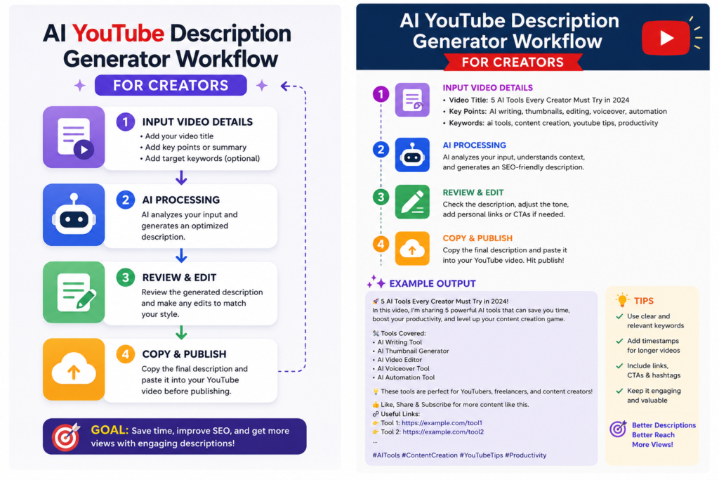 Four-step AI YouTube description workflow with input details, AI processing, editing, publishing, and an example description.