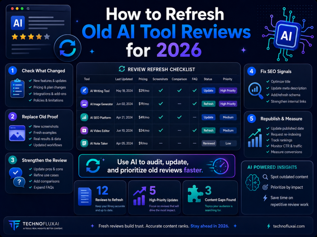 Dark dashboard-style infographic showing how to use AI to audit and refresh old AI tool reviews for 2026, including checking changes, replacing outdated proof, strengthening the review, fixing SEO signals, and measuring results.