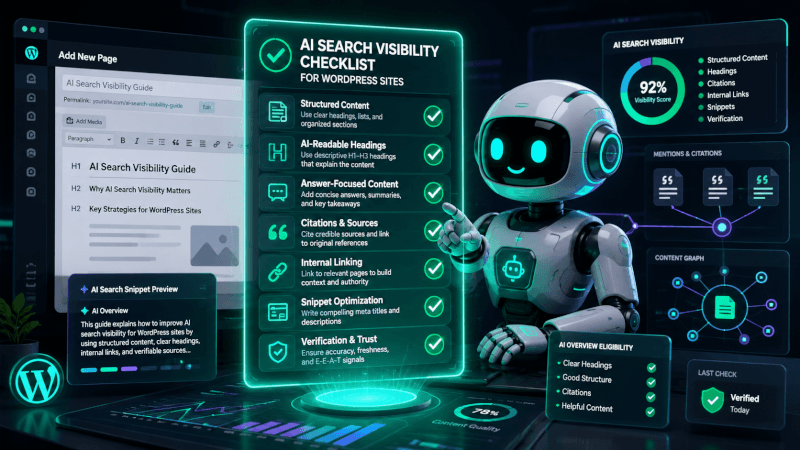 FluxBot reviewing an AI search visibility checklist for a WordPress site with glowing SEO and citation dashboard panels