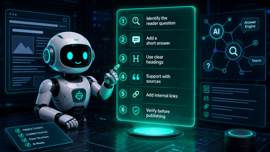 FluxBot pointing at a six-step AI search visibility workflow with reader questions, short answers, headings, sources, links, and verification