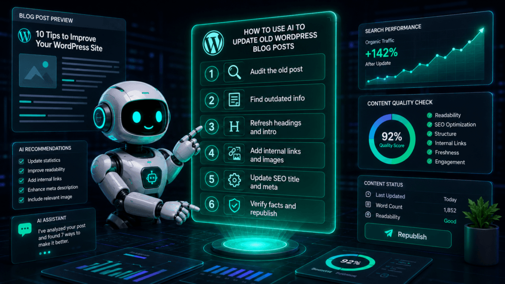 FluxBot pointing to a step-by-step workflow for using AI to update old WordPress blog posts
