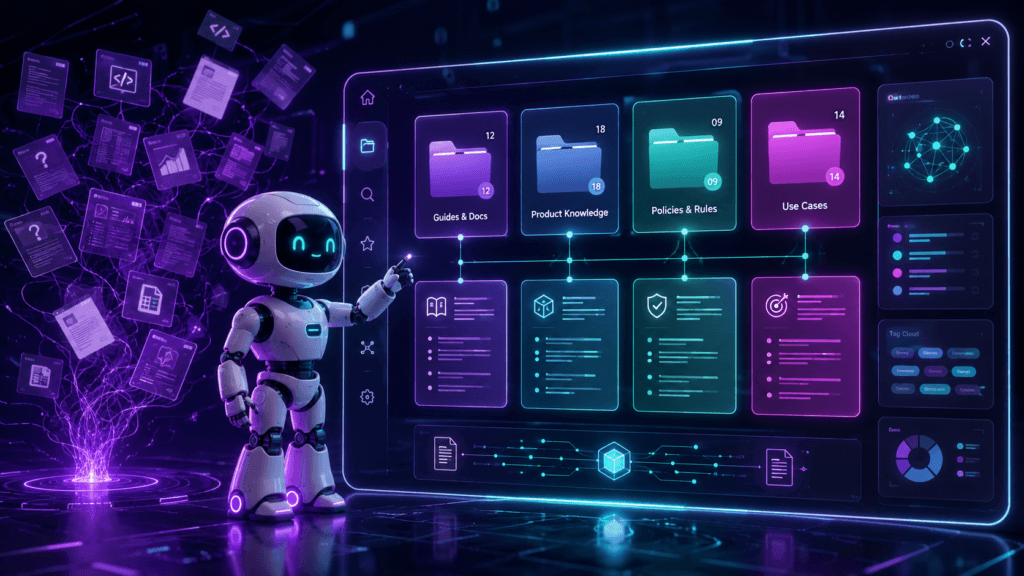 FluxBot standing beside a neon knowledge dashboard with organized folders for guides, product knowledge, rules, and use cases.