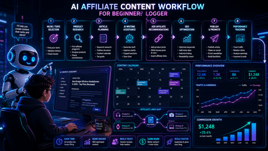 Beginner blogger using an AI-powered affiliate content workflow with FluxBot, content planning, publishing, SEO, and performance tracking dashboards.