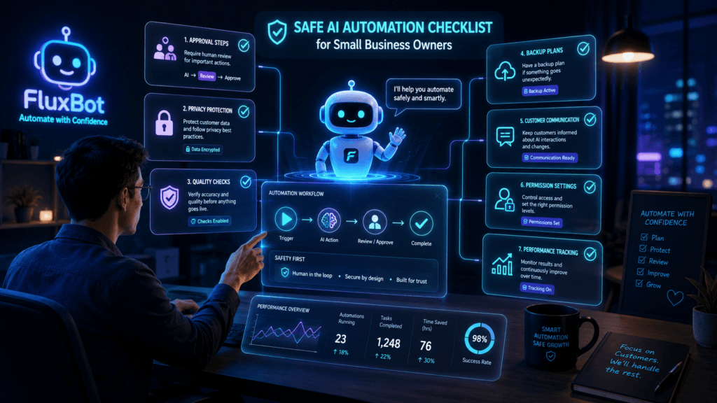 Small business owner reviewing a safe AI automation workflow dashboard with FluxBot, approval steps, privacy protection, backups, permissions, and performance tracking.