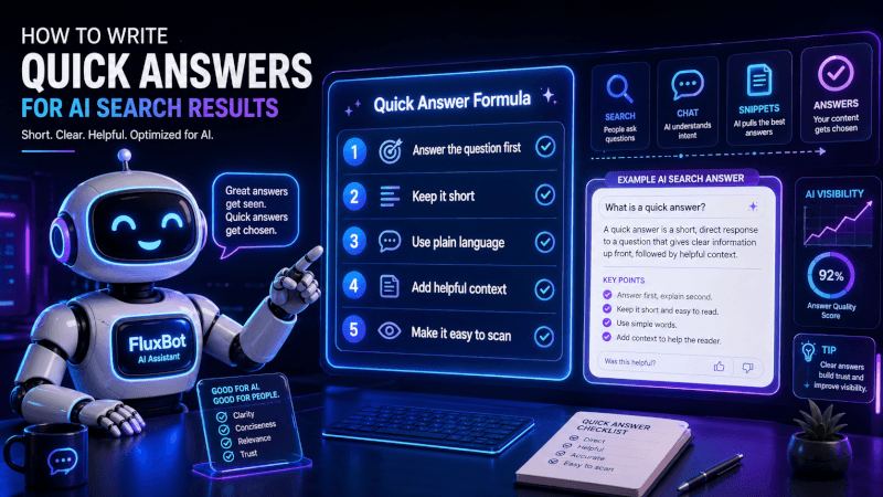 FluxBot showing a quick answer formula for AI search results with steps for answering first, keeping it short, using plain language, and adding helpful context.