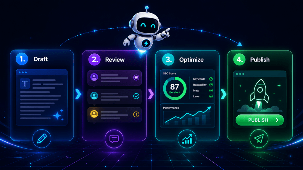 Four-step AI content workflow showing draft, review, optimize, and publish panels with a FluxBot robot guide