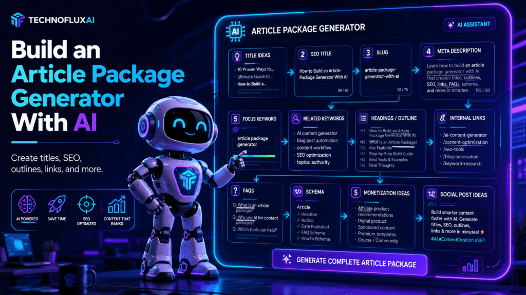 FluxBot-style robot building an AI article package workflow with blocks for headline, meta description, keyword cluster, outline, quick answer, internal links, affiliate ideas, social captions, and publish