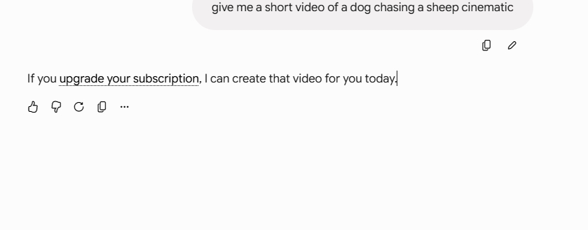 Gemini response showing that video generation required a subscription upgrade