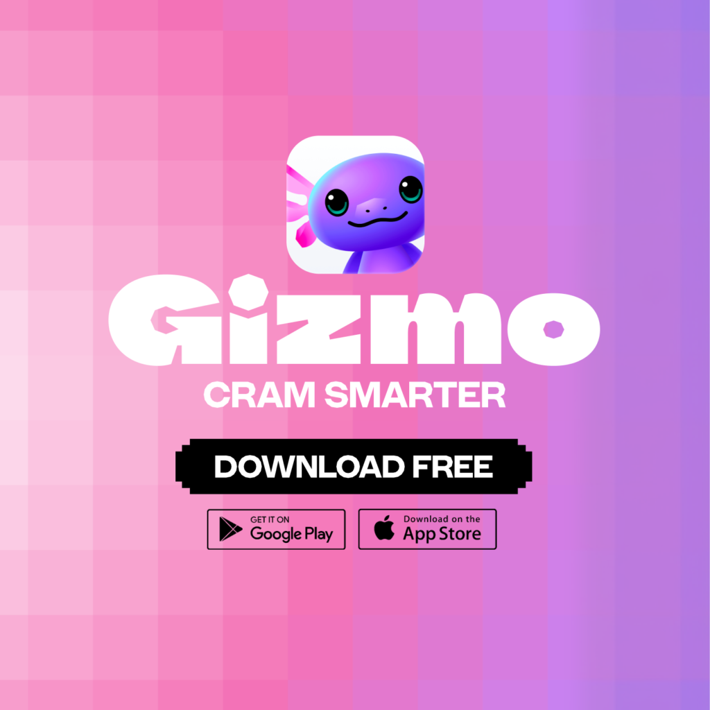 Gizmo AI study app download promo on a pink background