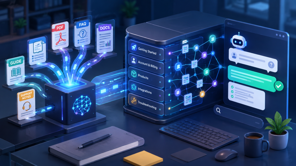 AI knowledge base system organizing PDFs, FAQs, guides, documents, and support notes for chatbot retrieval
