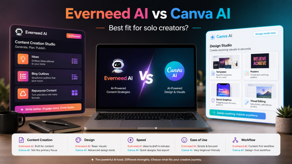 Everneed AI and Canva AI side-by-side comparison of content creation, design, speed, ease of use, and workflow