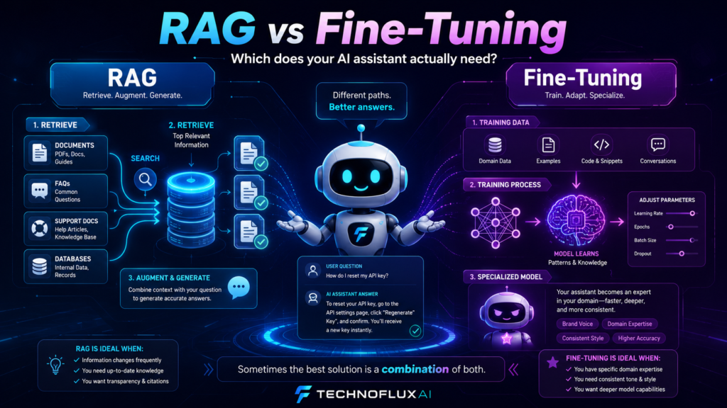 FluxBot decision guide showing when an AI assistant should use RAG or fine-tuning
