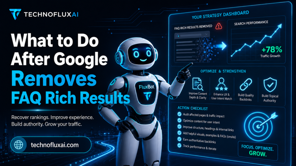 FluxBot shows an SEO strategy dashboard for adapting after Google removes FAQ rich results.