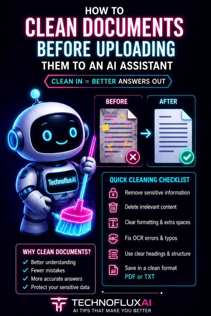 TechnofluxAI FluxBot presents six steps for cleaning documents before uploading them to an AI assistant.