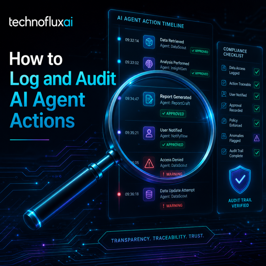 AI agent action audit timeline showing approved actions, warnings, traceability, and compliance monitoring from TechnofluxAI.
