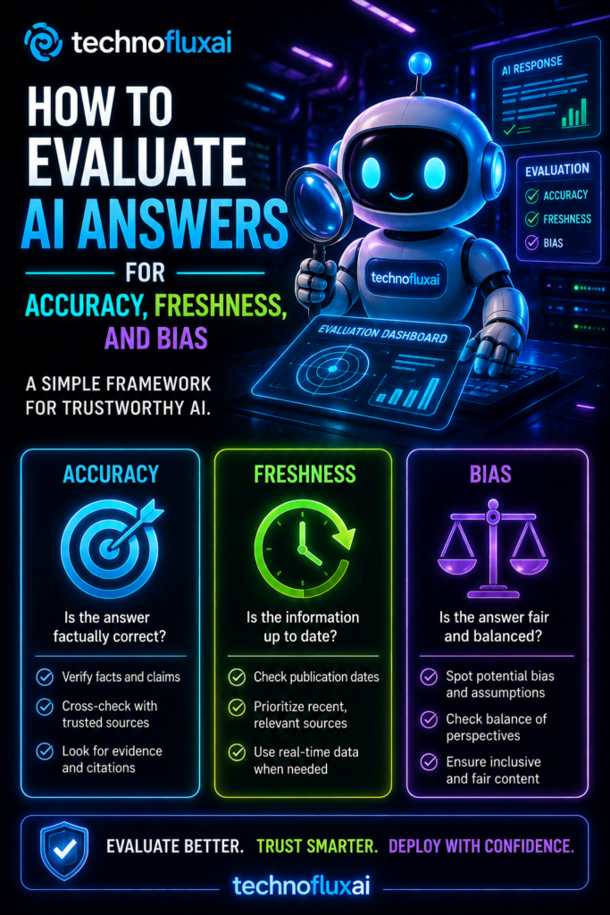 FluxBot reviewing AI answers for accuracy, freshness, and bias using trusted sources, recent information, evidence, and balanced viewpoints on TechnofluxAI.