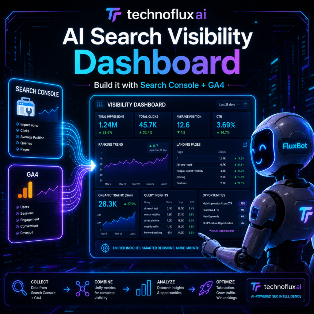 FluxBot neon infographic from TechnofluxAI showing an AI search visibility dashboard built with Search Console and GA4 for tracking rankings, traffic, landing pages, and SEO opportunities.