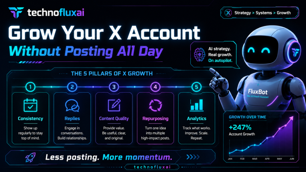 TechnofluxAI FluxBot infographic showing five pillars for X growth: consistency, replies, content quality, repurposing, and analytics.