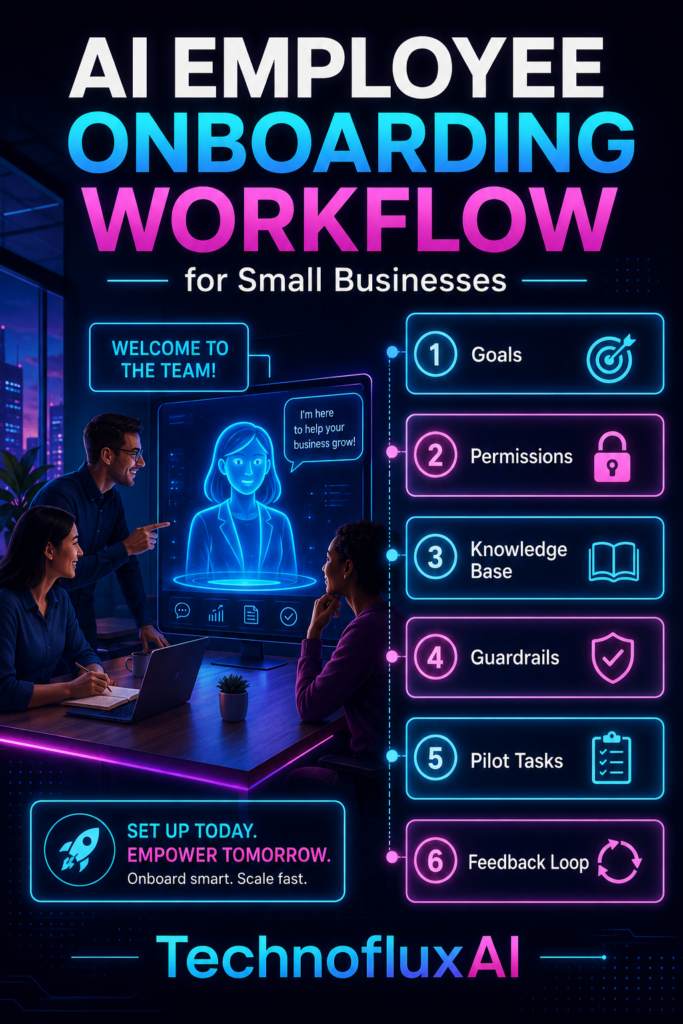 Small business team onboarding an AI employee using goals, permissions, knowledge base, guardrails, pilot tasks, and a feedback loop.