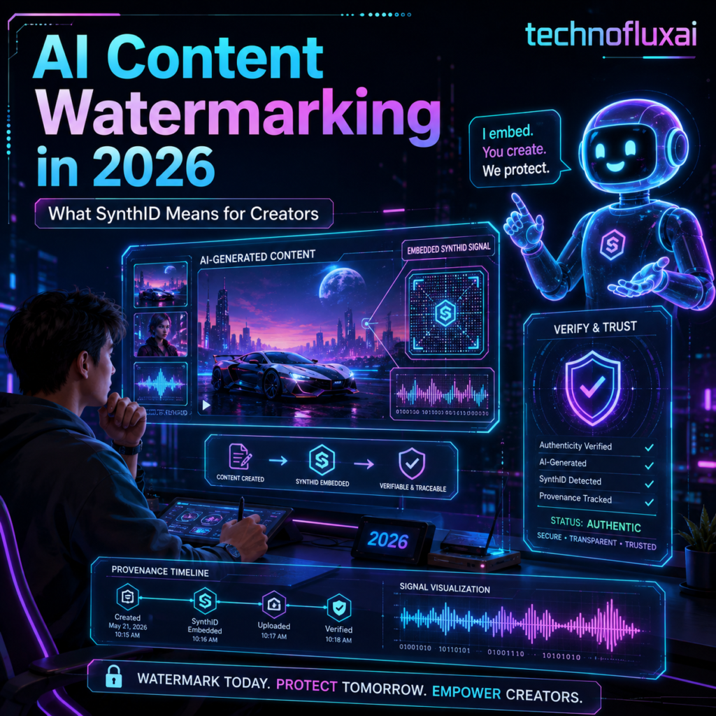 Futuristic TechnofluxAI graphic showing a creator using SynthID watermarking to identify and verify AI-generated images, video, and digital content.