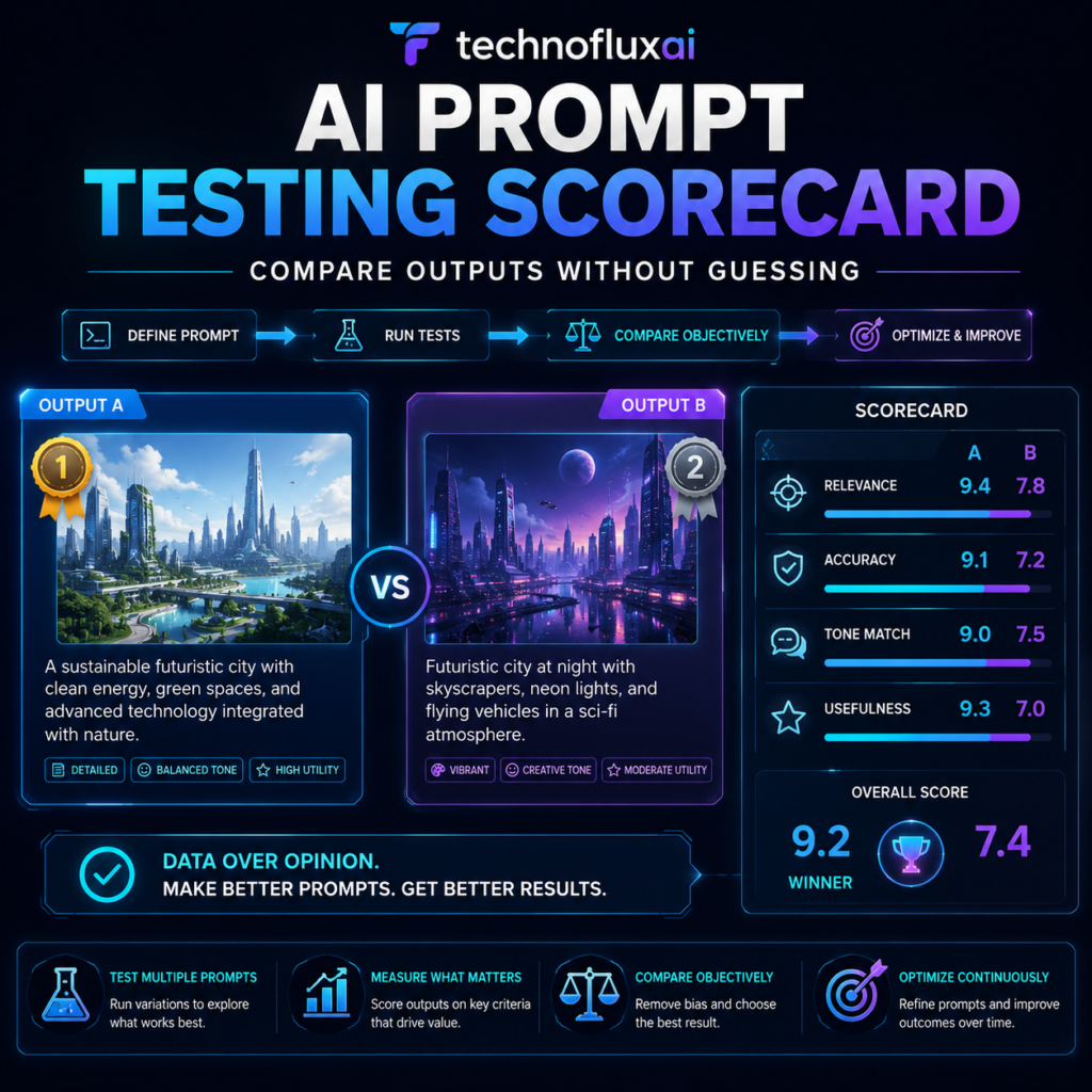 TechnofluxAI infographic showing two AI outputs compared side by side with a scorecard measuring relevance, accuracy, tone match, usefulness, and overall score.