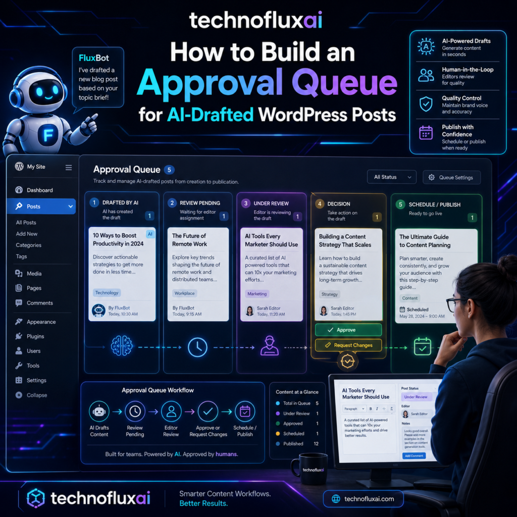 TechnofluxAI illustration of a WordPress approval workflow for AI-drafted posts showing review pending, under review, decision, and schedule or publish stages.