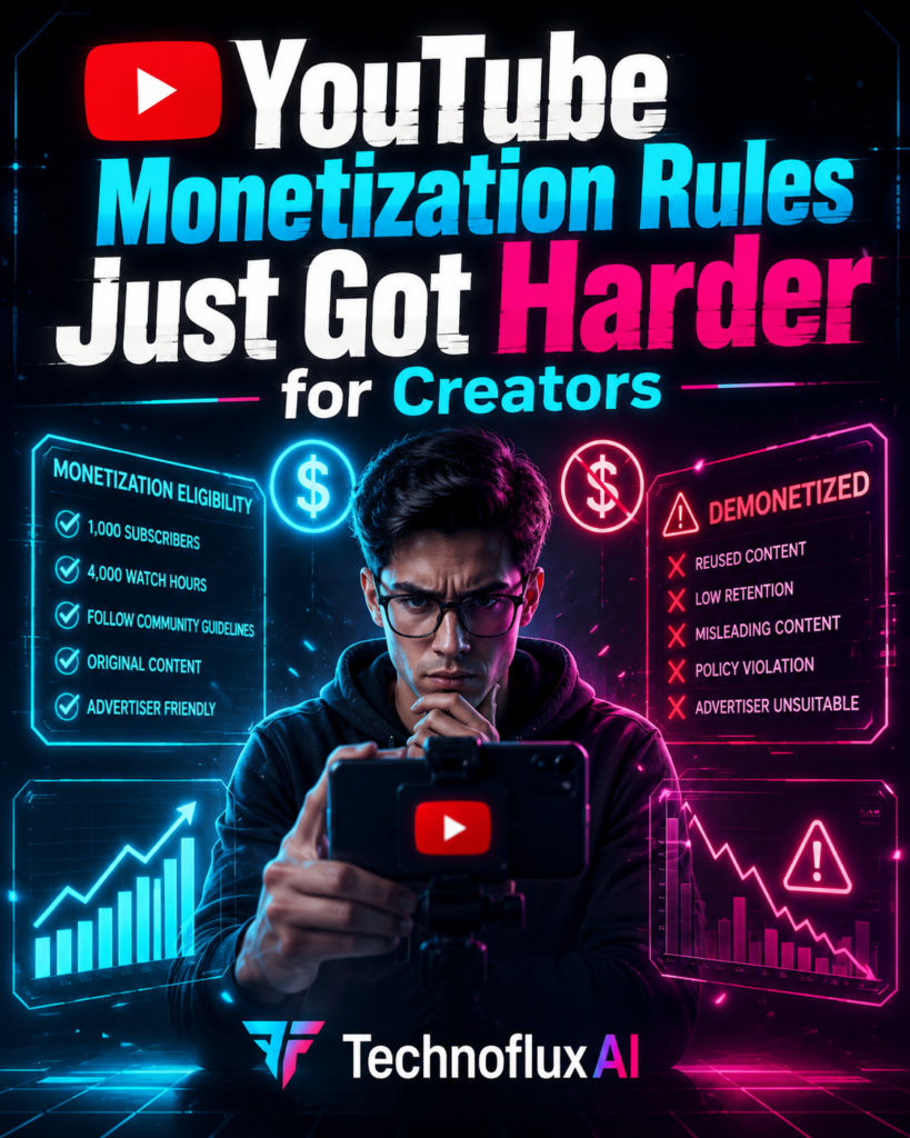 Creator surrounded by YouTube monetization eligibility checks and demonetization warnings with TechnofluxAI branding.