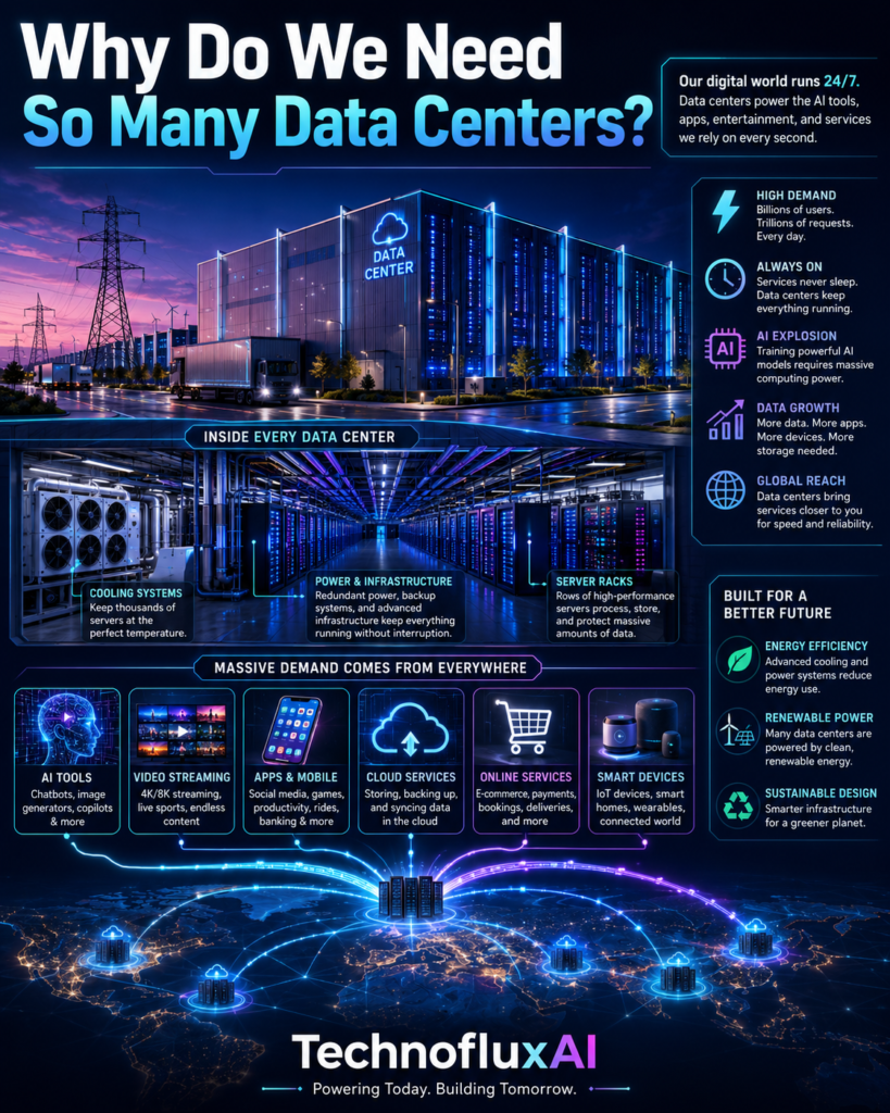 Large modern data center with servers, cooling systems, power infrastructure, AI tools, cloud services, and TechnofluxAI branding.