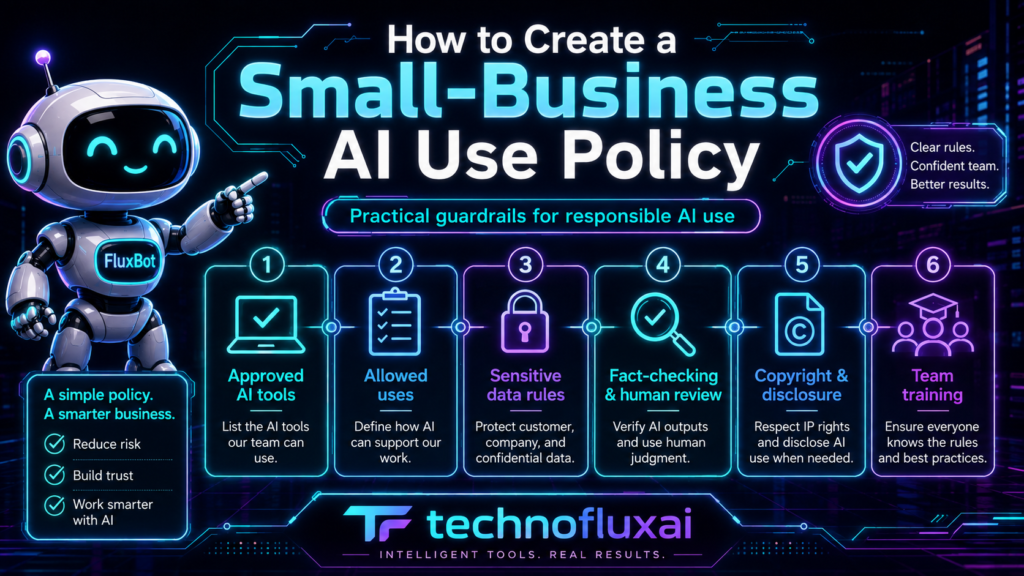 FluxBot showing six steps for a small-business AI use policy, including approved tools, allowed uses, data protection, human review, disclosure, and training.