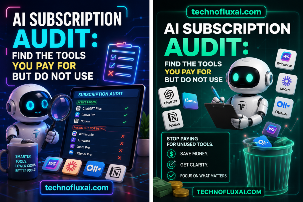 AI Subscription Audit poster with subscription checklist, laptop dashboard, and the text find the tools you pay for but do not use, branded technofluxai.com.
