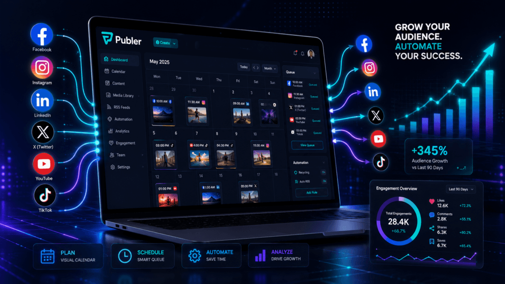 Publer dashboard connecting scheduled content to multiple social media platforms from one central calendar.