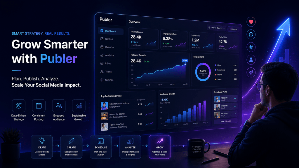 Marketer reviewing Publer analytics, scheduled posts, audience engagement, and social media growth trends.