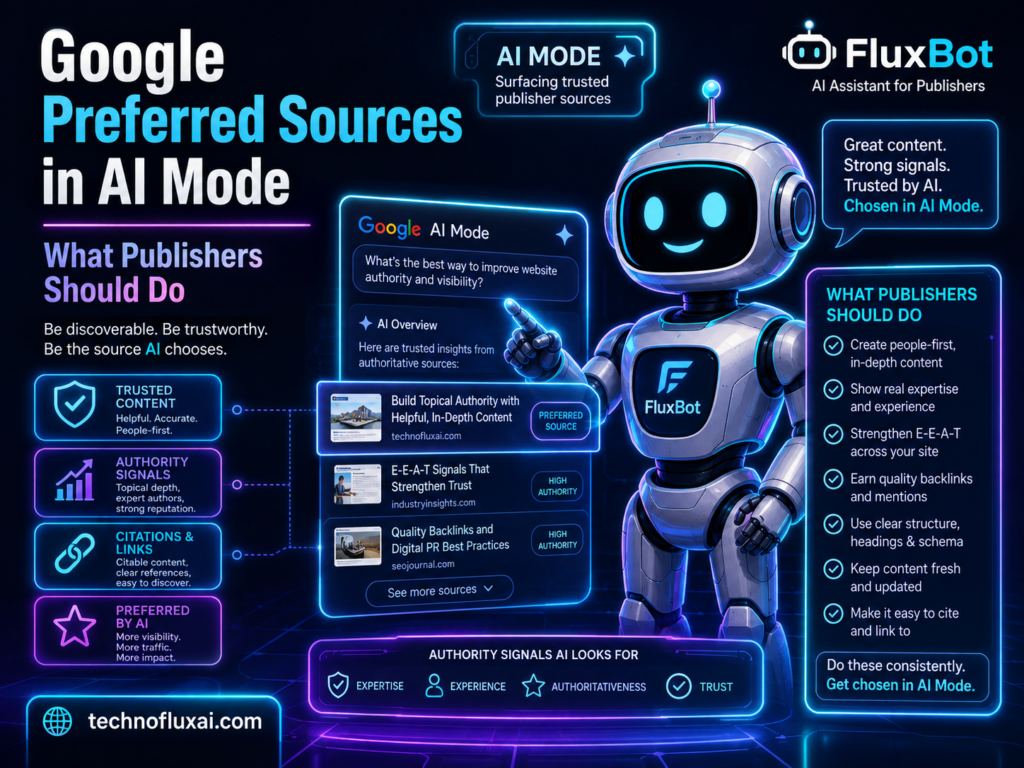 FluxBot explaining how publishers can become preferred sources in Google AI Mode using trusted content, E-E-A-T, citations, backlinks, and clear site structure.