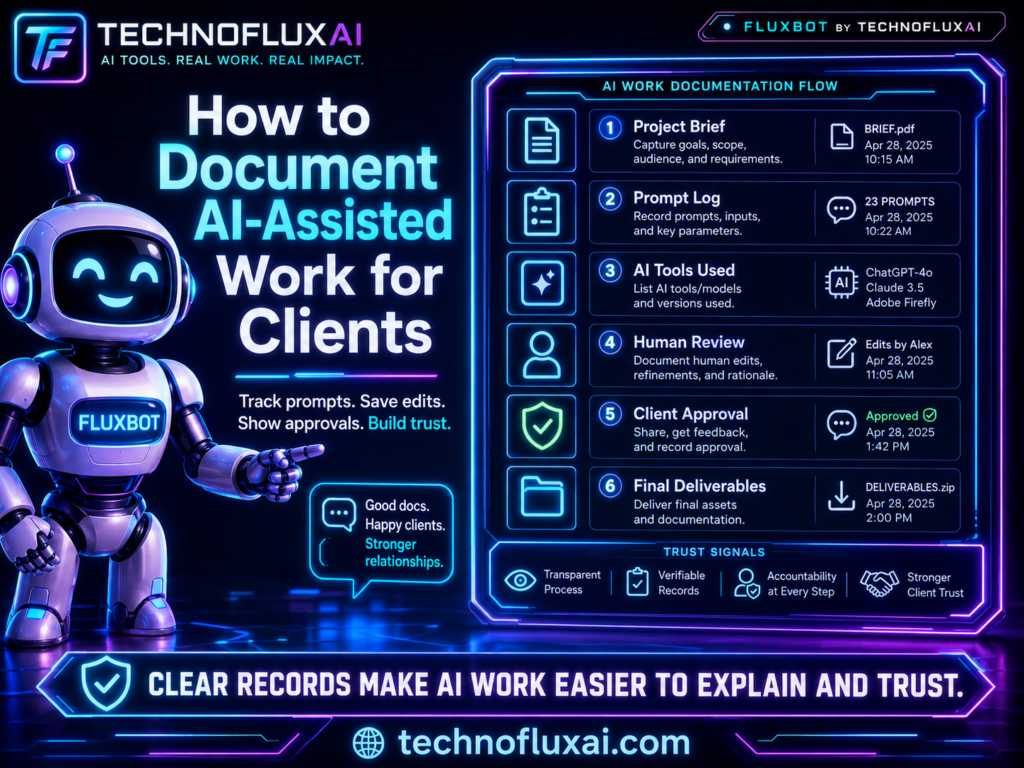 FluxBot beside a client documentation checklist covering scope, prompt history, source notes, human edits, approvals, and final handoff.