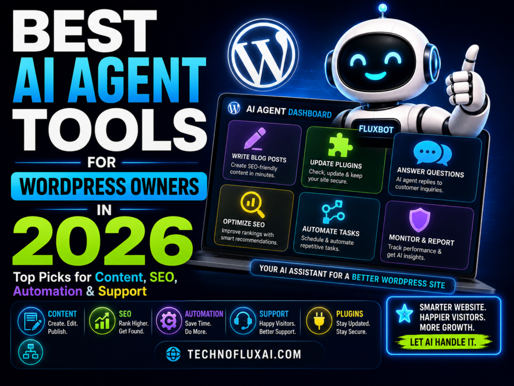 FluxBot giving a thumbs up next to an AI agent dashboard for WordPress owners with tools for blog writing, plugin updates, SEO, support, automation, and reporting.