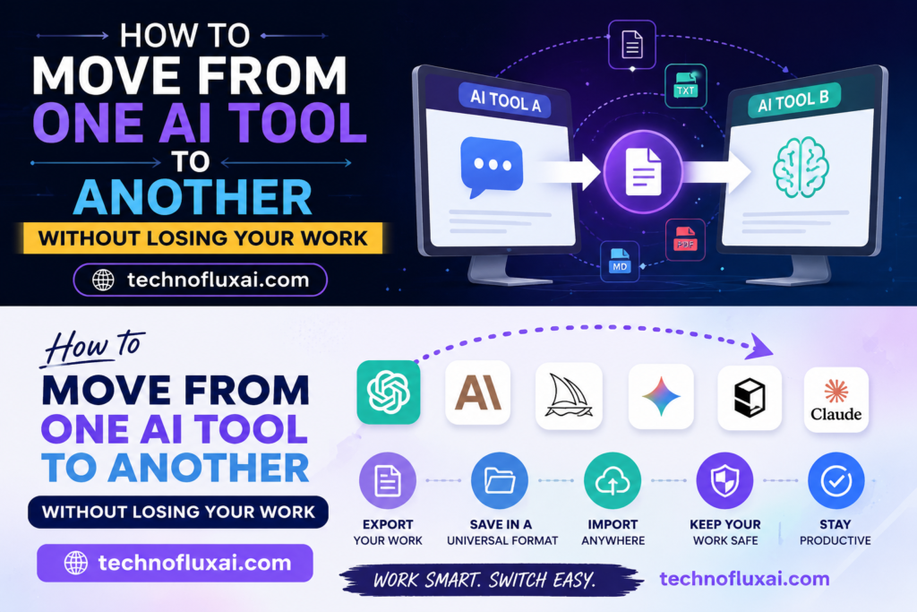 AI workflow graphic showing prompts, chats, files, and settings transferred safely between two AI tools.